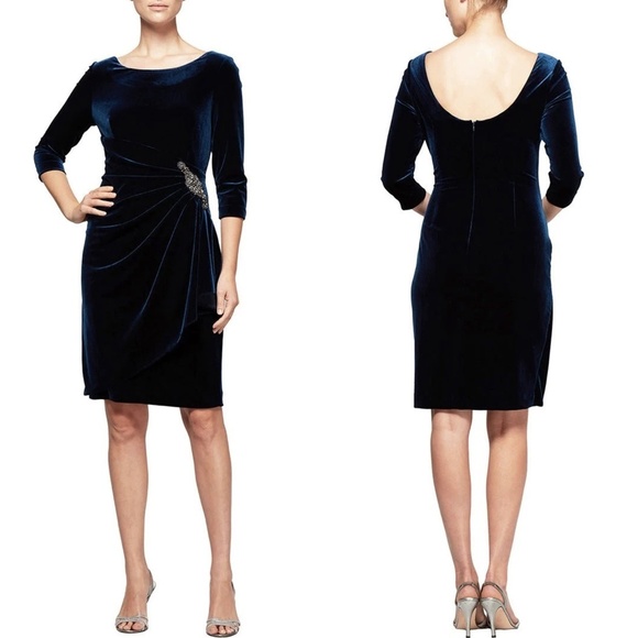 NWT Alex Evenings Velvet Dress w/ Side Ruching & Embellishment Detail at Hip - Picture 4 of 6